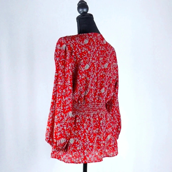 Max Studio Red Floral Blouse Long Sleeve Tie Front-Size M - Picture 4 of 8